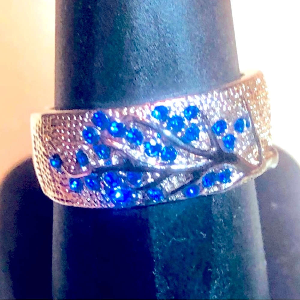 🦋Beautiful Royal Blue Topaz 925 Sterling Silver Art Deco Tree Design Band.